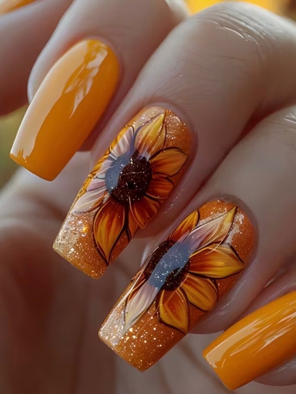 New -Gorgeous -24Pc Set of Reusable Press-On-Nails w/Sunflower Design